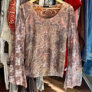 RARE Brittany Black Y2K Mesh Lace • Boho • Sleeve Burnout Floral • Made in USA